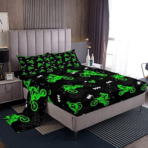 Feelyou Boys Dirt Bike Bedding Sheets Cool Sports Bed Sheets for Kids Boys Motocross Rider Bedding Fitted Sheet Fluorescent Green Bike Bed Set 1 Bed Sheets with 1 Pillowcase Twin Size Cover