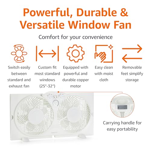 Image of Amazon Basics Window Fan for Home Bedroom, Twin Heads, Cooling Airflow, Exhaust, Expandable Side Panel, Manual Control, 3 Speeds, 63W, 9 inch, White