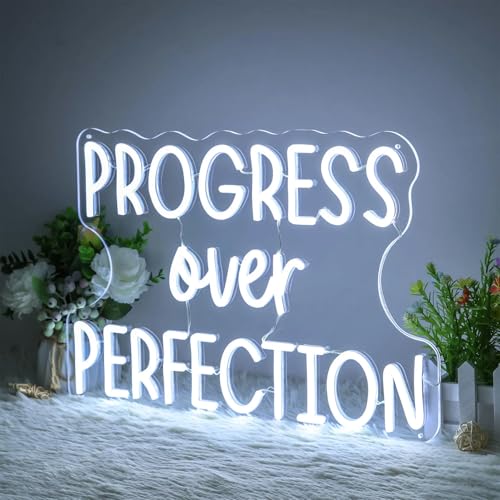 Image of Progress Over Perfection Neon Sign Dimmable Classroom Positive Led Light Up Sign Inspirational Letters Neon Light for Classroom Bedroom Library Study Room