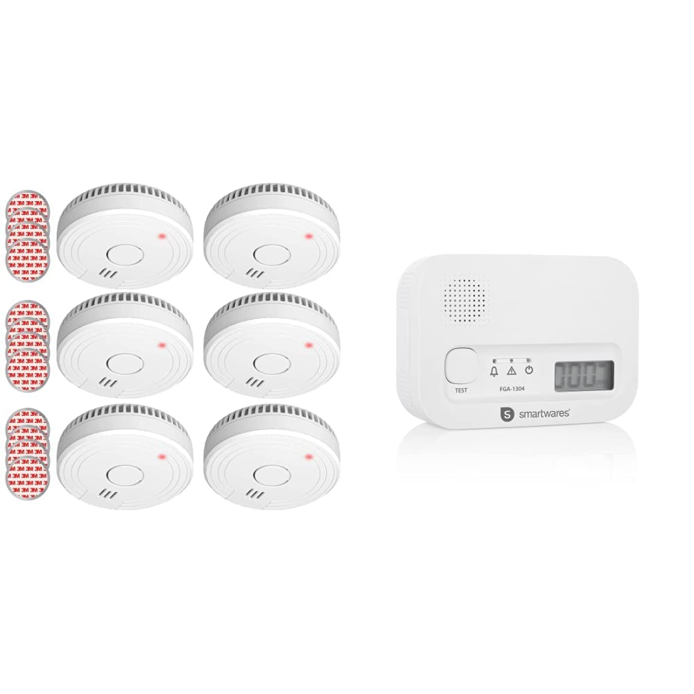 ELRO FS1805M FS1805 6-Pack Rauchmelder mit Magnetklebe Kit-5 Jahre Batterie und Garantie/DIN EN14604, 6 Stück & Smartwares FGA-13041 Kohlenmonoxid-Melder, 10 Jahre Sensor, mit Display und Testknopf