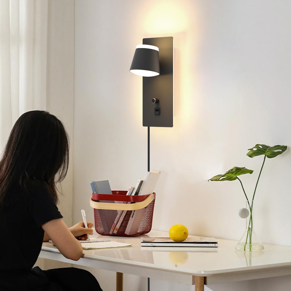 Sytmhoe Lampa ścienna do sypialni z przełącznikiem, wtyczką USB typu C, funkcja ładowania, 25 W, 2000 lm, ściemniana, nocna 3000 K, 6000 K, 4500 K, nowoczesna czarna lampa ścienna do wnętrz z kablem