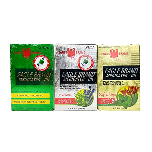 Eagle Brand Natural Medicated Oils for Muscle Aches and Pains Includes Eucalyptus Rose Mint Aromatic Lavender Eucalyptus and Gold Peppermint and Clove Bud Oil Bottle Variety Pack of 3