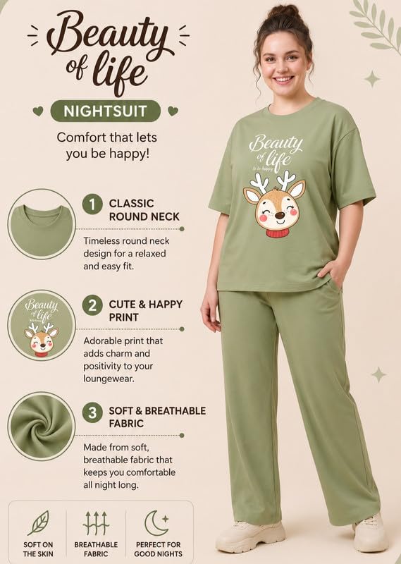 Image of My Swag Womens Cotton Printed Nightsuit Set |T-Shirt & Pajama Pants | Soft Breathable Sleepwear and Loungewear for Women