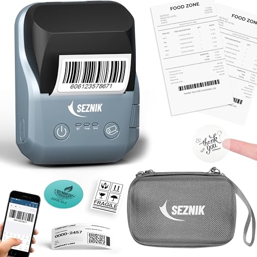 Image of SEZNIK DEV Bluetooth Thermal Label & Receipt Printer Bundle with Protective Carry Case | Inkless 2-Inch Business Printer | Android & iOS Compatible | for Billing, Labels & Barcodes | 1 Year Warranty