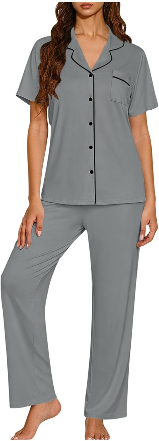 Xiaojmake Women Pajama Sets Long Sleeve Shirt and Pajama Pants 2 Piece Ladies Soft Sleepwear Button Down Pjs Set with Pockets