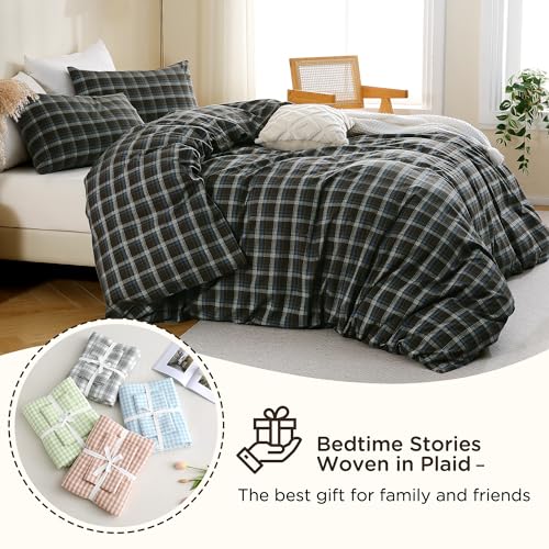 Image of TOCOMOA Buffalo Plaid Duvet Cover Set 100% Washed Cotton Like Linen Feel Super Soft Comfy 3 Piece Brown Blue Gingham Checkered Bedding Comforter Cover Set (Full 90 inchx90 inch, Comforter Not Included)