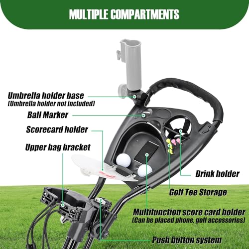 Image of XDriveMax GC53 4 Wheel Golf Push Cart, One-Click Folding Golf Trolley Lightweight Golf Bag Pull Cart Caddy Cart for Golf Clubs and Golf Bag with Cup Holder Scorecard Holder /Storage Compartment