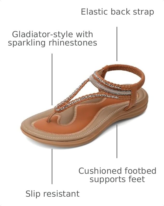 Image of UBFEN Womens Bohemian Flat Sandals With Back Strap Summer Beach Comfortable Bling