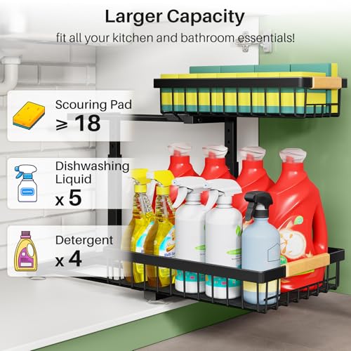 Under Sink Organizer, 2 Packs 2 Tier Under Sink Organizers and Storage, Slide out Pull out Cabinet Organizer Shelf, Metal Sliding Drawer for Kitchen Bathroom Pantry Cabinet Closet Organization Rack - Image 4