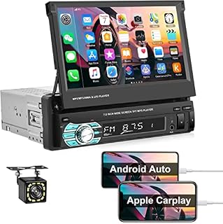 CAMECHO Apple Carplay Android Auto Single Din Car Stereo with Bluetooth Backup Camera 7 inch flip Out Touch Screen Car Stereo Support USB, TF, FM Radio, Aux-in, SWC,Android/iOS Mirror Link