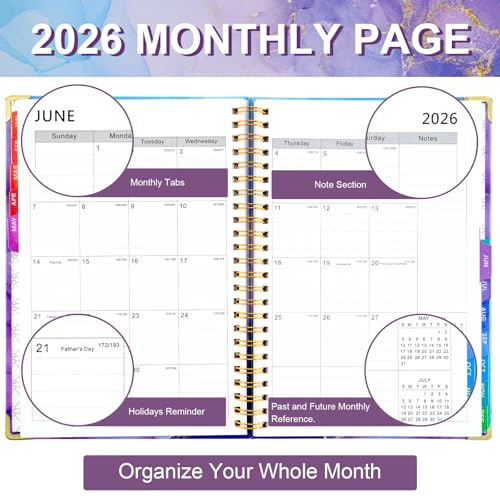 2026 Planner, Daily Weekly Monthly Planner with Tabs, 2026 monthly planner with Color Pen, Sticky Notes and Stickers, 6.2" x 8.5", Durable Twin Wire Binding, Storage Pocket - Purple Marble — view 6
