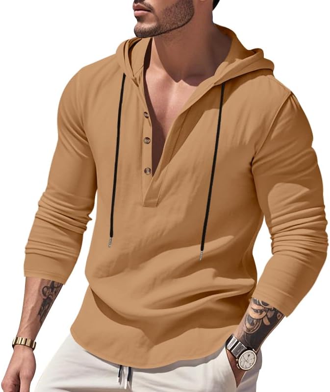 Mens Cotton Linen Hoodies Long Sleeve Button Down Shirts Casual Hawaiian Beach Yoga Sweatshirts - Image 2