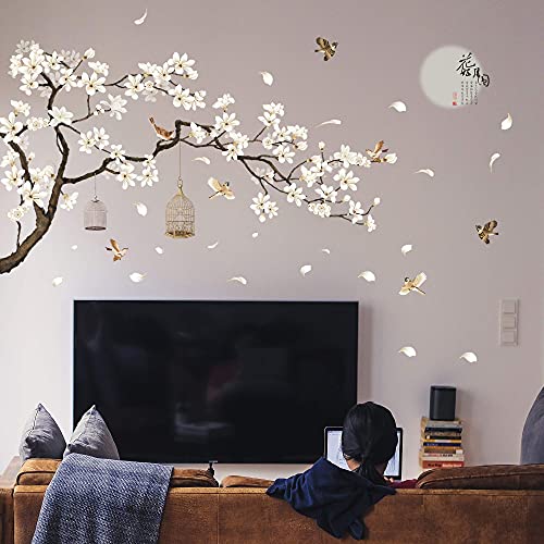 Rw-2022 Removable Diy Romantic Warm White Cherry Blossom Tree And Flower Wall Decal 3D Wall Art Stickers Murals Home Decor For Kids Gilrs Bedroom Baby Nursery Rooms Living Room Offices Decoration #TOP4