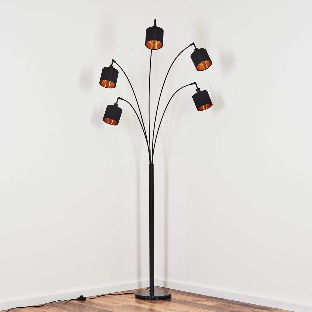 HOFSTEIN Stehleuchte Alsen, moderne Stehlampe mit Marmorfuß aus Metall/Stoff in Schwarz/Kupferfarben, verstellbare Leuchte, Fußschalter, E14, Wohnzimmer, Schlafzimmer, Flur, Büro