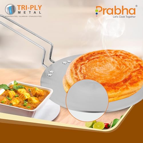 Image of Prabha Stainless Steel Tri-Ply Induction Base Roti Tawa 28cm - Best for Kitchen Use, Sturdy Handle - Ultimate Roti Tawa Solution