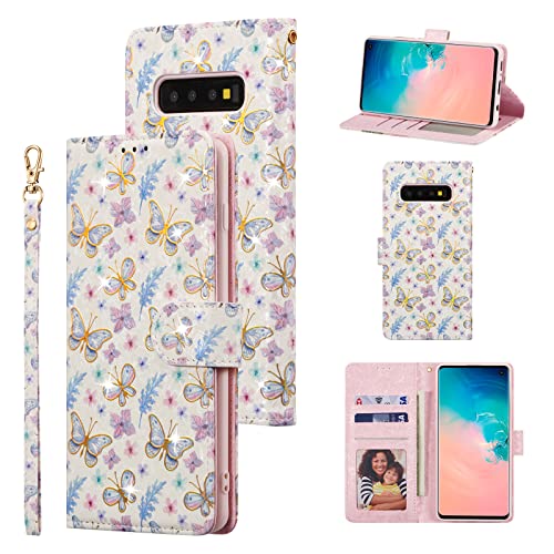 Ueebai Wallet Case For Samsung Galaxy S10 Plus, Pu Leather Phone Case Kickstand Rfid Blocking Flip Case With Card Slots Wrist Strap Relief Engraved Pattern Magnetic Closure Folio Case - Butterfly #TOP8