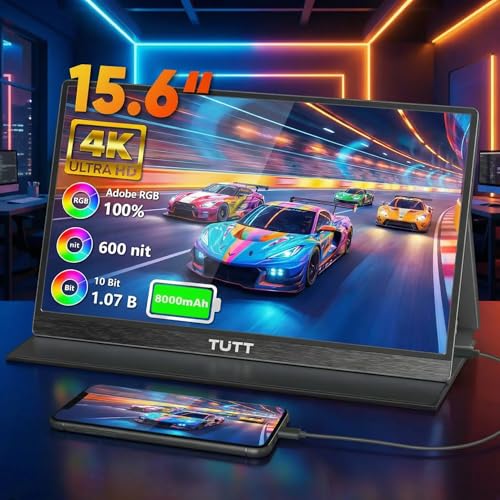 Image of TUTT 15.6 Inch 4K UHD Gaming Portable Monitor with 8000mAh Battery, 600 Nits Brightness, IPS Panel, Black