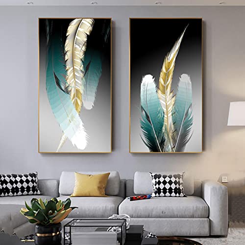 Toile d'entrée plumes dorées 40x80cm pour illuminer votre salon moderne
