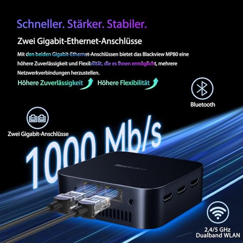 Blackview MP80 Mini PC Intel 12th N97 Win 11 Pro, 16GB LPDDR5 (35% Krasser, Zerstört DDR4) 1TB M.2 SSD Mini Desktop PC, 3*HDMI 4K, Dual LAN, 3 Jahre Garantie, USB 3.2×3, WiFi 2.4/5G für Homeoffice