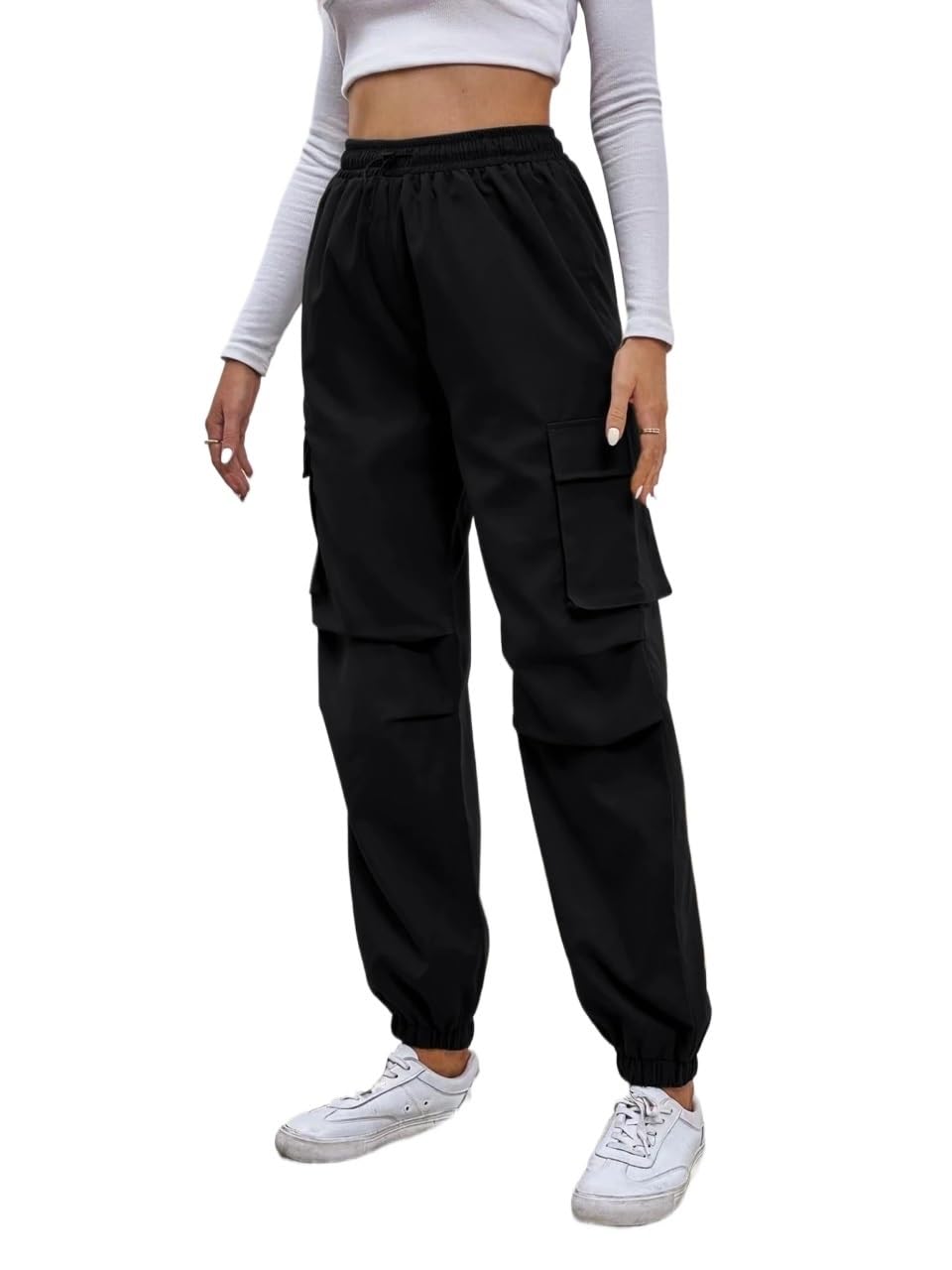 Womens Fall Pocket Drawstring Waist Cargo Pants Trousers Black