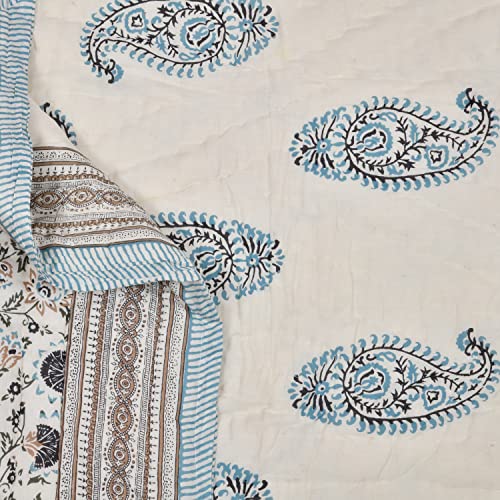 Image of BLOCKS OF INDIA Cotton Single Size Quilt Hand Block Print for Light Winters (60X90 Inches) (Grey Jaal), Lightweight, 300 TC
