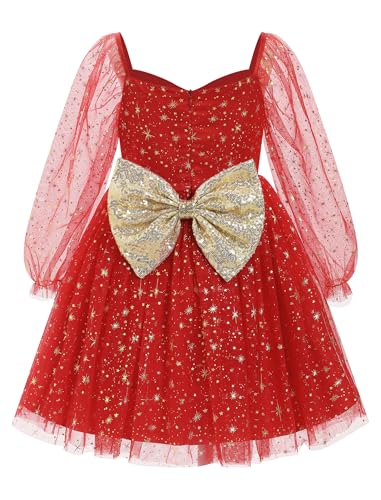 IDOPIP Toddler Girls Sparkly Dresses Sequin Bowknot Pageant Birthday Party Dress Glitter Mesh Long Sleeve Fall Dress Clothes