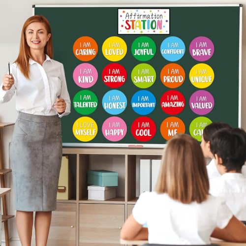 Image of Affirmation Station Bulletin Board Set Bright Color Positive Bulletin Board for Classroom Mirror Growth Mindset Decoration Inspirational Motivational Accent Cutouts for Home School Teacher Wall Supply