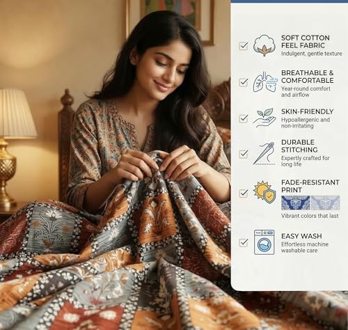 Image of VAS COLLECTIONS 240 TC Cotton Double Bedsheet with 2 Pillow Covers (90x100 Inch) Soft Breathable Skin Friendly Jaipuri Printed King Size Bedding Set for Bedroom Decor (Char Bagh Print)