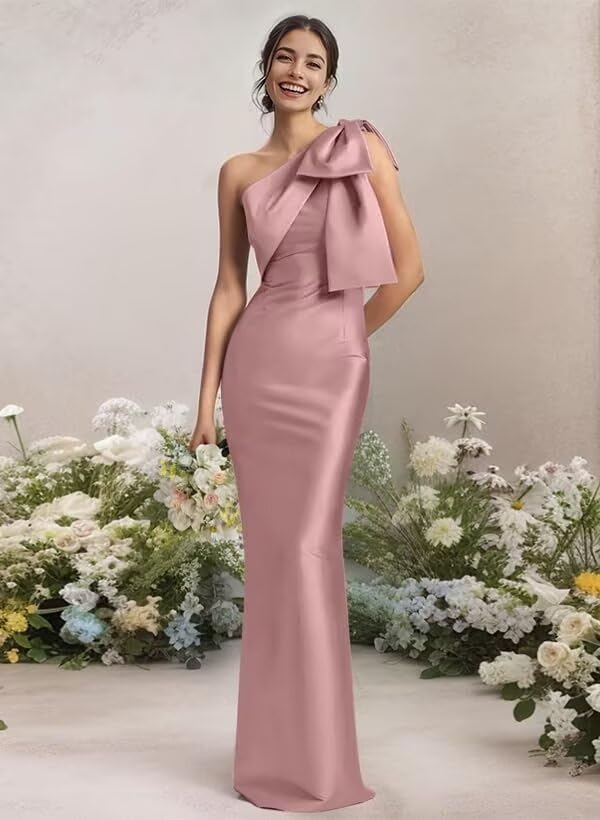 One Shoulder Prom Dresses for Women Mermaid Satin Cocktail Dresses Long Bodycon Formal Evening Party Gowns with Bow2