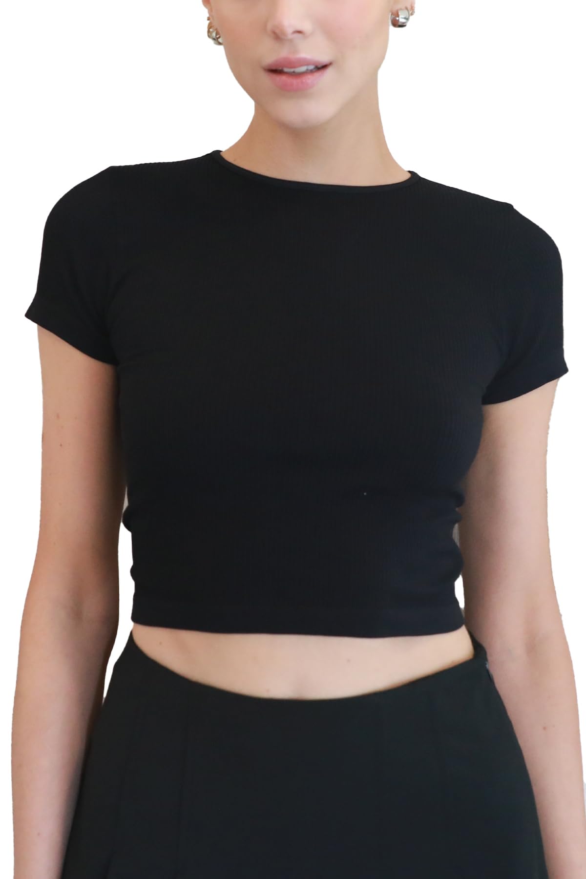 NIKIBIKI Women Seamless Ribbed Baby Tee Crop Shirt, Made in U.S.A