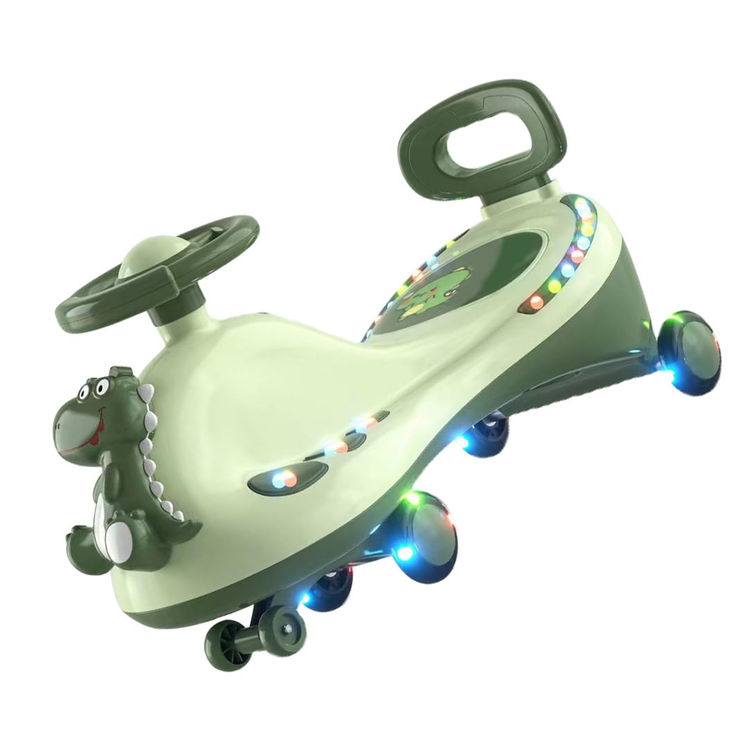 Dla Dzieci Plastikowy Samochodzik Wiggle Car z Wyciszonymi (GREEN) | Uniwersalny Wózek na Kółkach, Style Wózków Spacerowych i Bagażowych, Zasilany 3 Bateriami AA, Opcja Modelu Dinozaura