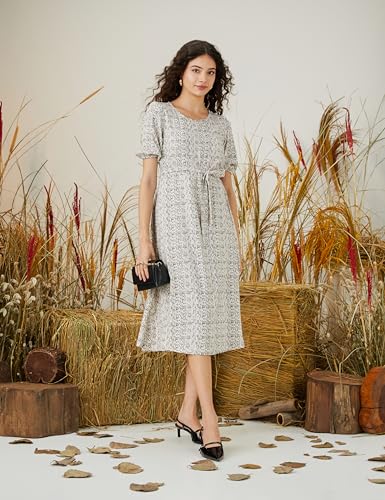 Image of Amazon Brand - Symbol Women Rayon Fit and Flare One Piece Midi Length Dress (with Self Fabric Belt) (Available in Plus Sizes)