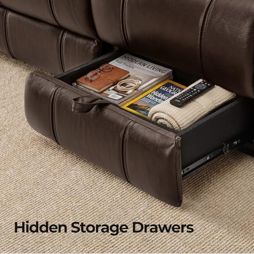 Image of CHITA Leather Power Recliner Sofa, Dark Brown, 3-Seat with Console