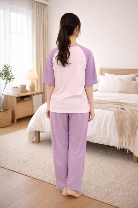 Image of Women's Pajama Set, Soft Breathable Korean Style Nightsuit with Top & Full Pants, Lightweight Loose Fit Nightwear & Loungewear for Girls & Women.