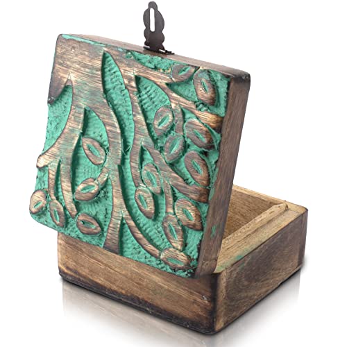 Great Birthday Gift Handmade Decorative Wooden Jewelry Box With Tree Of Life Carving & Lock & Key Jewelry Organizer Keepsake Box Treasure Chest Trinket Holder Watch Box Storage Lock Box (Green) #TOP2