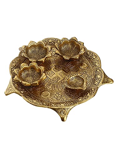 Image of eCraftIndia Golden Metal Swastik Designer Pooja Thali With 3 Bowls And 1 Diya - Traditional Pooja Essential Set For Home, Temple Use - Gift For Family - Suitable For Diwali, Navratri, Pooja Ceremonies