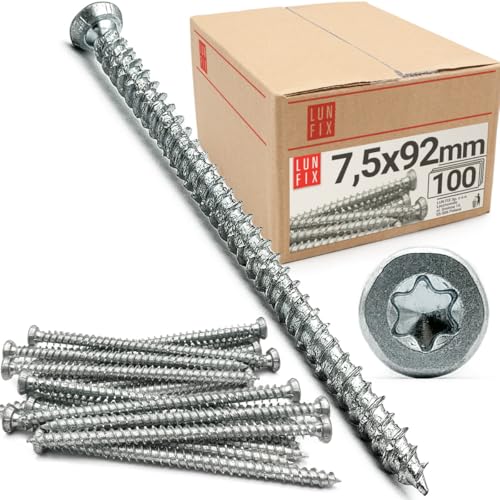 Tornillos para hormigón 7,5x92mm, 100 unidades, tornillo marco ventana cabeza avellanada Torx T30, tornillería acero cincado, tacos y tornillos para pared y madera, Lun Fix