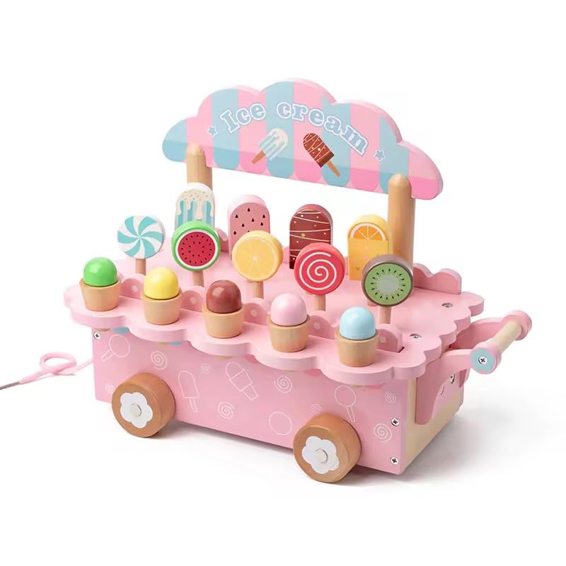 Image of Pink Wooden All in One Ice Cream Cart | Montessori Activity Toy for Kids | Pretend Play Ice Cream Set | Early Learning Educational Toy | Multicolor | 3+ Years