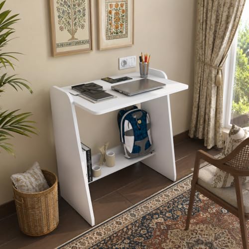Image of Studio Kook Milano Study Table, Engineered Wood, Modern Computer Desk with Storage Shelf, 80cm Height x 75cm Width, Engineered Wood, Matte Finish (Moonshine White) DIY (DO IT Yourself) Assembly