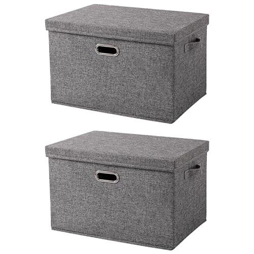 Contenitore Pieghevoli con Coperchio in Lino Set di 2 Scatole di Stoffa in Tessuto con Manici Impilabile Scatola Portaoggetti Ideale per Vestiti, Giocattoli, Libri, Armadio e Scaffali 44x30x29 cm