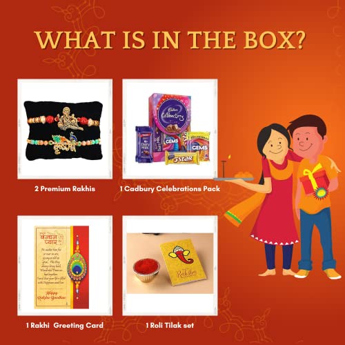 Image of CraftVatika Set Of 2 Rakhi For Brother With Chocolate Combo, Gift For Brother, Ganesha Rakhi Krishna Rakhi For Bro With Cadbury Celebration Chocolate Pack Pair Couple Rakhi Set Of 2, Multicolor 70 Gms