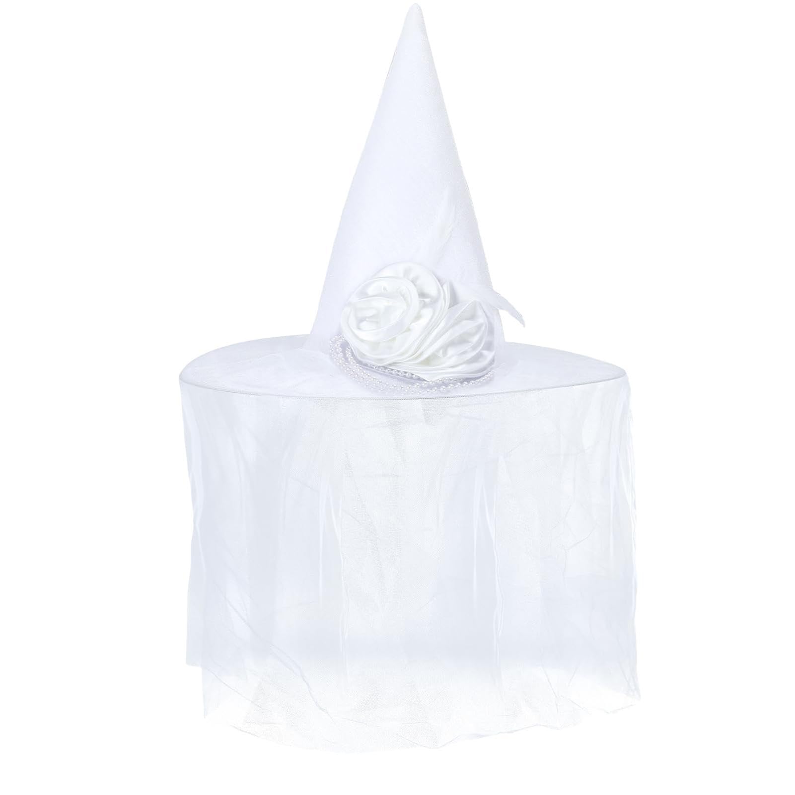 JINGAN White Witch Bride Hat, Witches Hats for Decoration, Halloween Witch Hat Veils Wizard Hat Women Men Wide Brim Pointed Hat Carnival Cosplay Costume