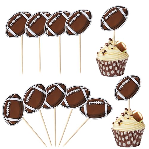 Xsstarmi 24 Pack Rugby Ball Cupcake Toppers Glitter American Football Cupcake Picks for Ball Sports Super Bowl Theme Baby Shower Kids Birthday Party Cake Decorations Supplies