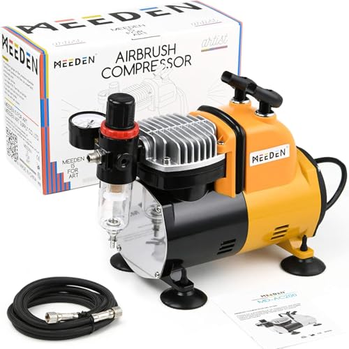 MEEDEN Airbrush Kompressor, 1/5 PS Einkolbenkompressor mit Auto Stop hermisch geschützt geringes Laufgeräusch 47 dB Regler Wasserfalle Halter 1/8 Luftschlauch für Modellbau, Tattoo & Graffiti