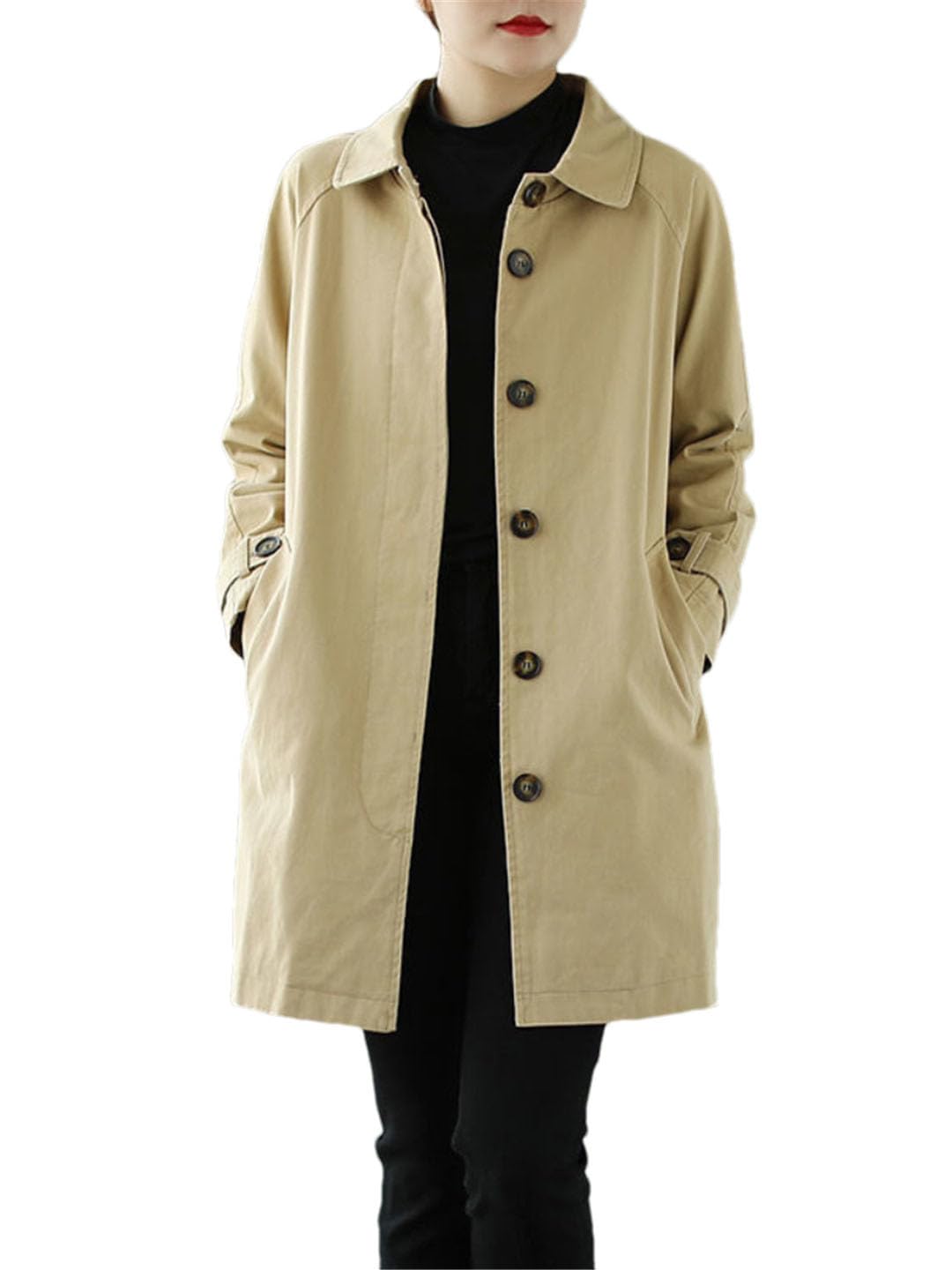 Tdvcpmkk Women's Loose Single-Breasted Mid-Length Windbreaker Coat, Khaki, M