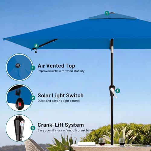 Image of AreShark 6.5' x 10' Rectangular Patio Umbrella with Solar Lights, Solar Powered Lighted Market Umbrella w /Tilt and Crank, Outdoor Table Umbrella for Garden, Deck, Backyard, Pool and Beach, Royal Blue