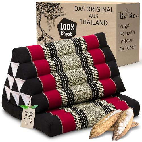 livasia Thaikissen mit 1 Auflage - 75x50x8cm - Dreieckskissen mit Sitzkissen, Keilkissen mit Kapok, Rückenkissen faltbar, Thaimatte zum Klappen,...