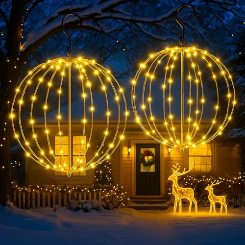 Kimuwote Iluminación navideña para exteriores, batería de 30 cm, con temporizador, 120 LED, bola luminosa, decoración navideña, 8 modos, impermeable, para jardín, fiesta, interior (2 unidades, blanco
