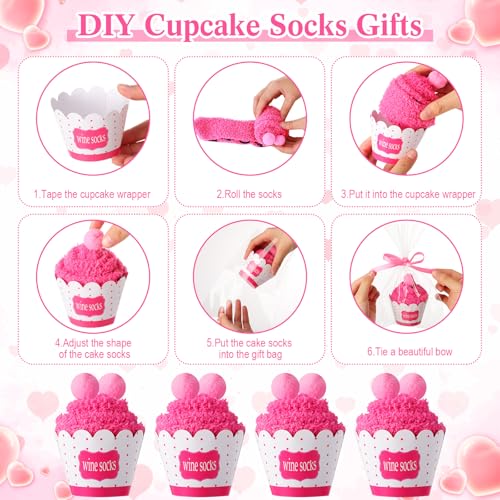 Image of Geyoga 4 Pair Valentine's Day Wine Socks Gifts for Women Wine Lovers Xmas If You Can Read This Cupcake Crew Socks(Neon Pink)