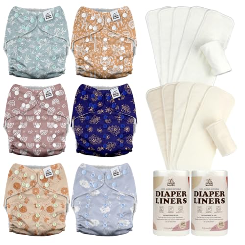 Mama Koala 3.0 Baby Cloth Diapers with 6 Inserts Bundle, with 6pcs 6-Layer Bboo Hemp Cotton Inserts, and 2 Rolls Natural Liners